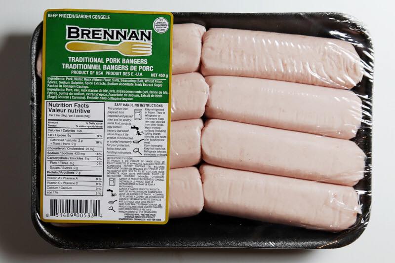 Phallic-shaped sausages labelled as '8-inch bangers' on the